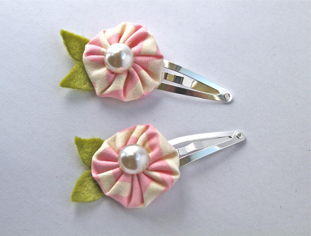 Two Pink Fabric Flower Snap Clips